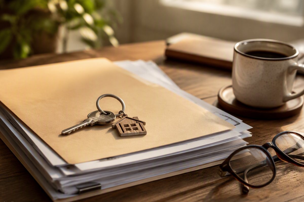 Documentos de una herencia con las llaves de la vivienda heredada