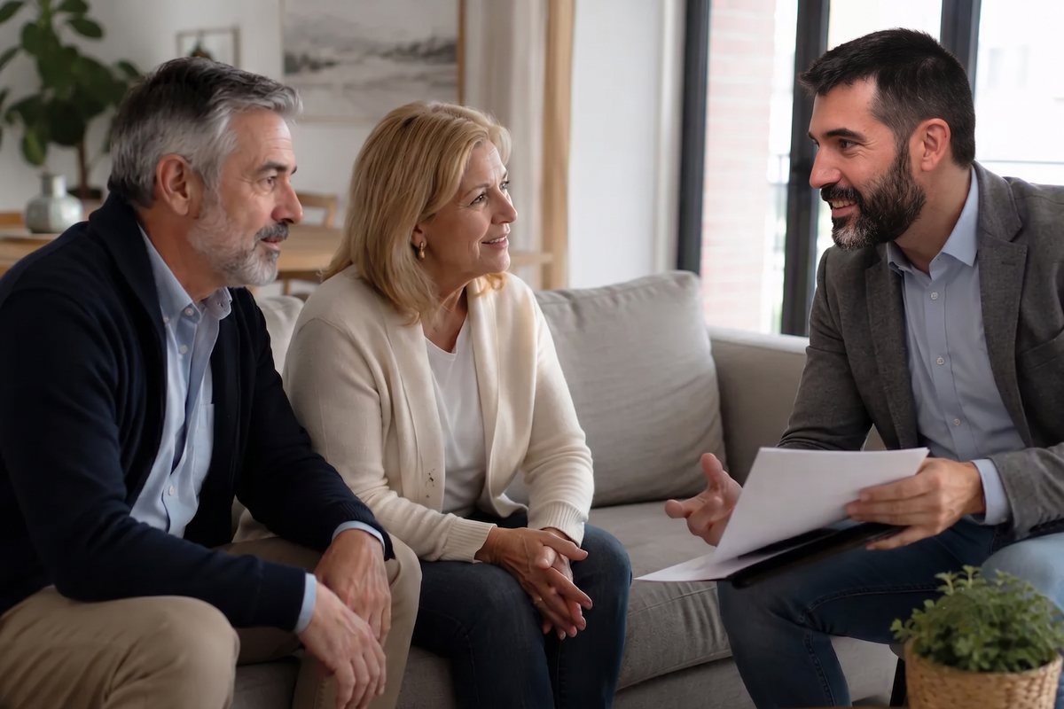 Asesor de Habitale Cosocasa explicando una valoración a unos propietarios en su vivienda